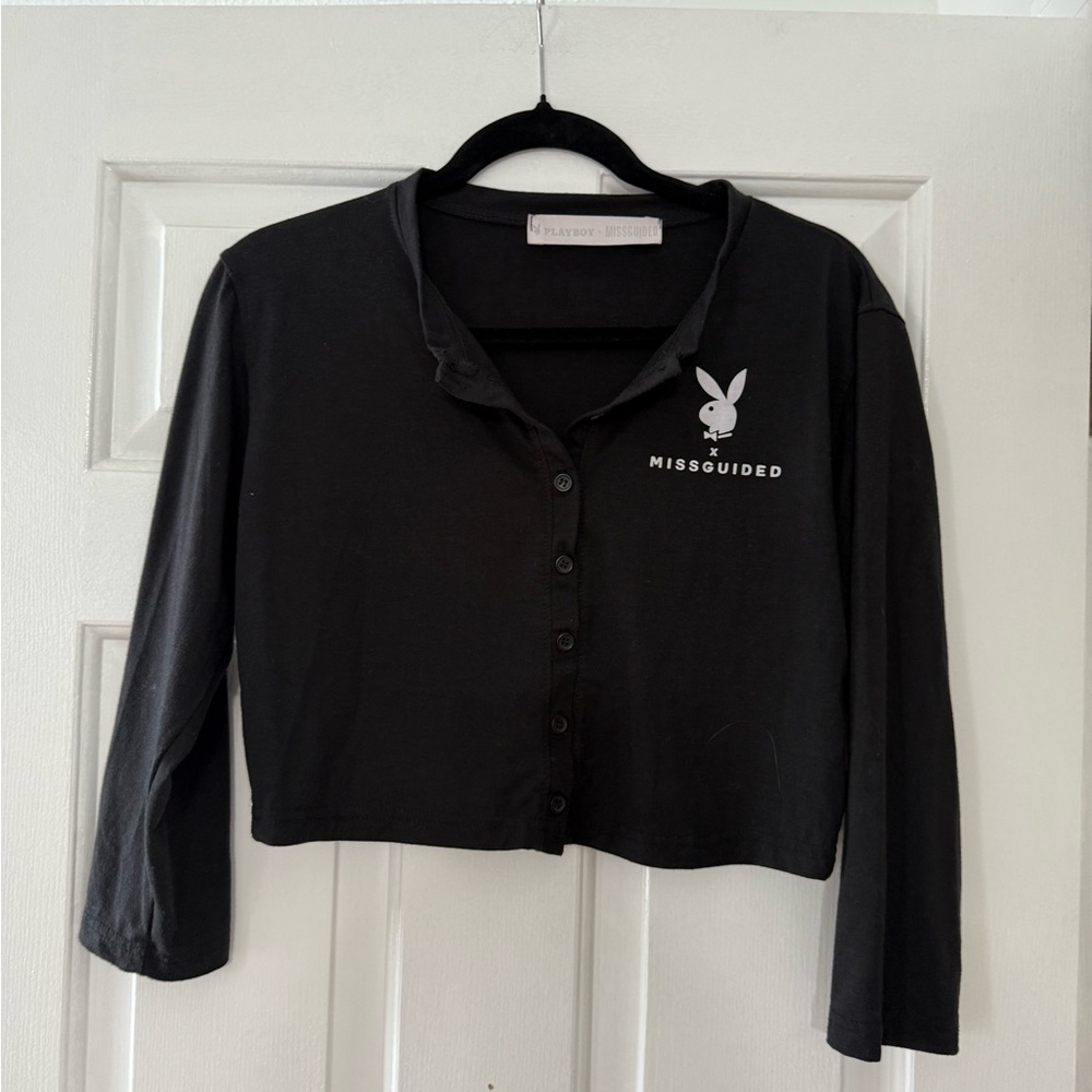 Missguided Black Playboy Cropped Button-Up Top